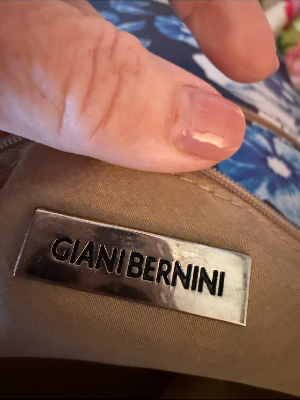 Giani Bernini Blue & White Floral Crossbody Bag Tan Trim